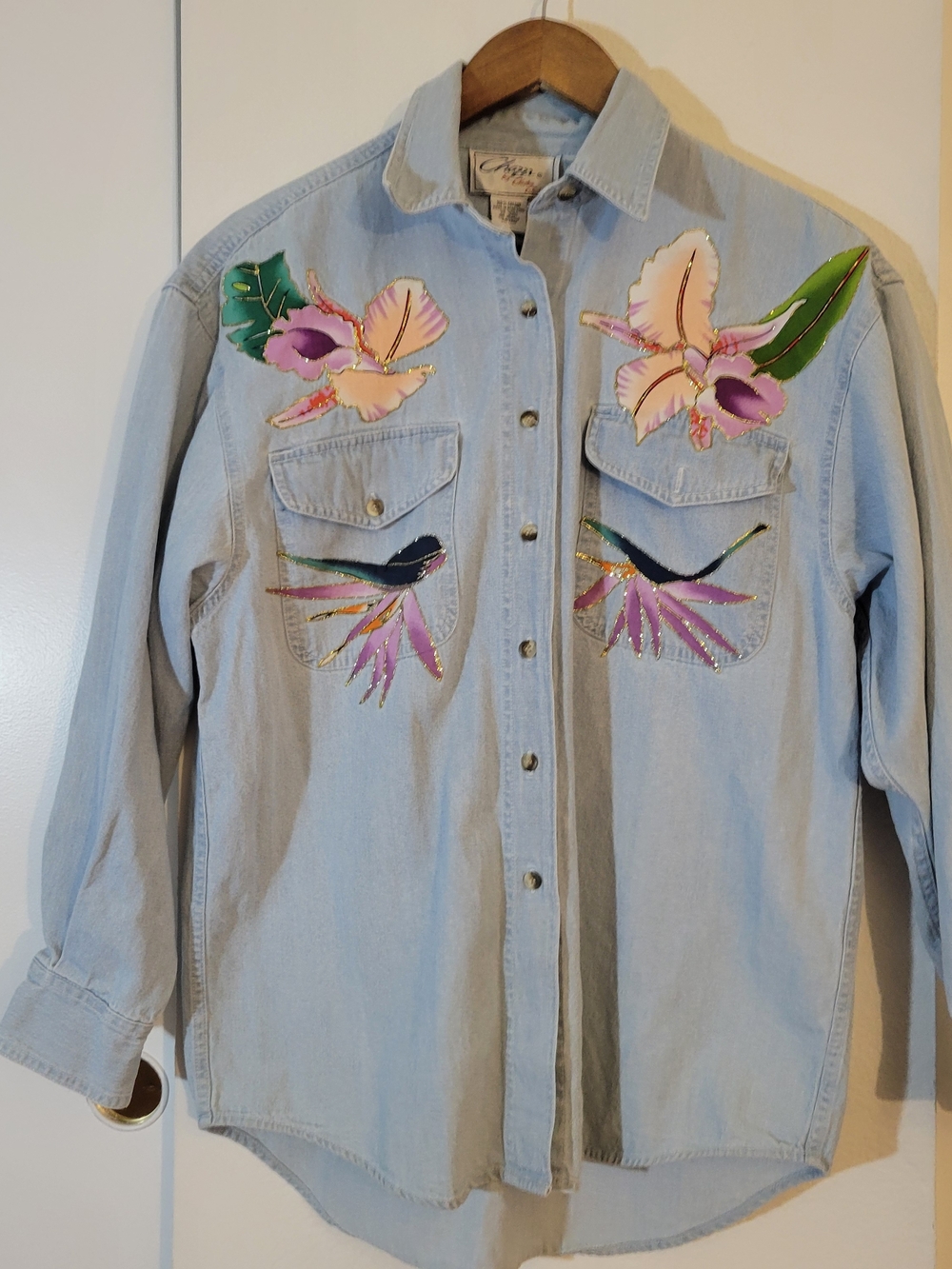 Chazzz Embroidered Light Wash Denim Shirt with Floral & Bird Appliqués